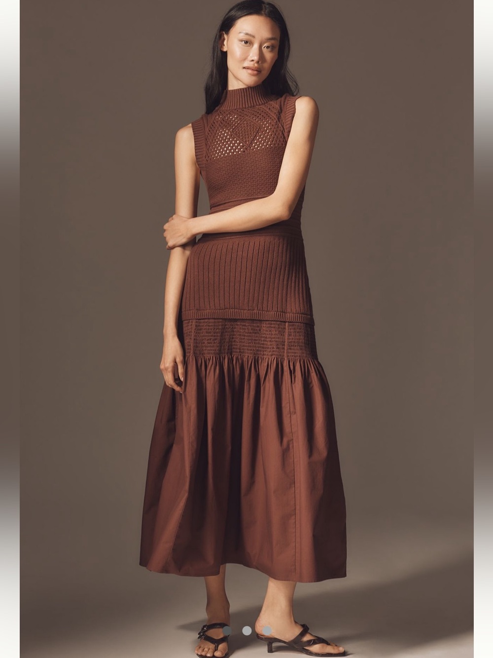 Anthropologie Sleeveless Mock Neck Brown Maxi Dress with Knit Bodice - Size XL